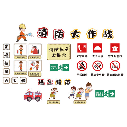 幼儿园墙面装饰安全教育环创主题墙贴幼儿园环创主题墙成品消防安 15829消防安-大红中黄橙黄咖啡烟 特大