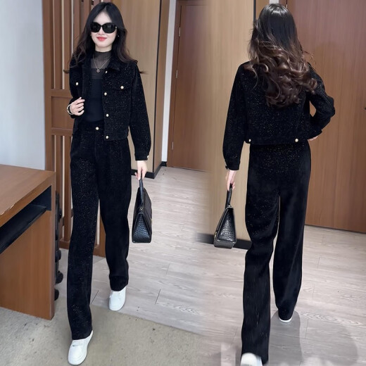 酷章（KUZHANG）时尚运动服套装女2024冬季新款网红小个子短外套阔腿裤两件套 6198#黑色春秋款 M 建议100斤内