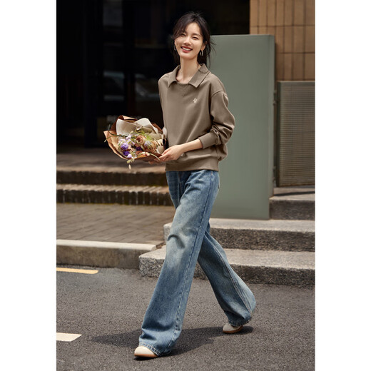 Romon Elegantes Temperament Revers Sticked Sweatshirt für Frauen 2025 Herbst und Winter Neu elegantes Freizeit -Revers -Stickmantel Braun S