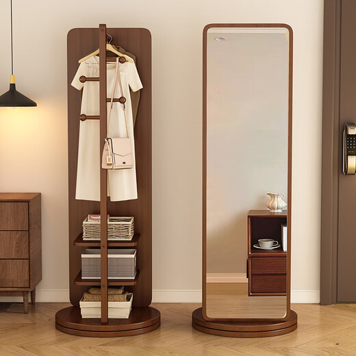 Sakura yayu passender Mirror Ganzkörper bodenhaftes Haushalt High-End-Sinn rotierbares bewegliches Wohnzimmer integrierter Speicherregal Kleiderbügel Kleiderspiegel [Walnussfarbe-Wellenstil-mittelgroß] 30*170 cm