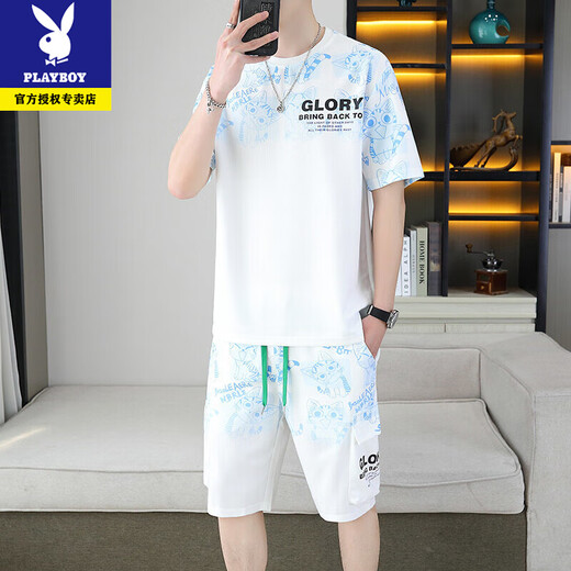Los nuevos pantalones cortos de manga cortos de Playboy's Summer Products se establecen una camiseta informal coreana, pantalones de cinco cuartos, traje deportivo juvenil de dos piezas, azul 6187-set XL