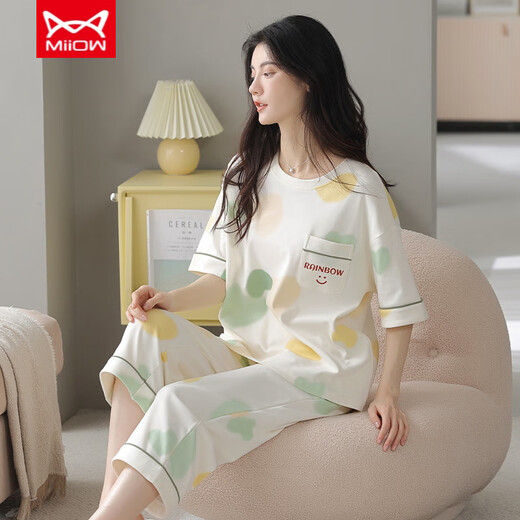 
Cat Man (MiiOW) pure cotton pajamas for women in summer short-sleeved cropped pants sports style loose and casual can be worn outside spring home clothing suit T-9854 (short suit) M (80-100Jin [Jin equals 0.5 kg])