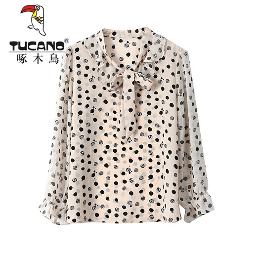 Woodpecker Wave Dot Long Sleeve Chiffon Shirt for Women in Spring and Summer New Bow Temperament Top Fashionable Middle-aged and Elderly Mother's Shirt Apricot 9923 Model M _90-100Jin [Jin equals 0.5 kg]