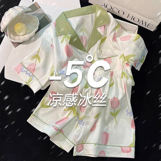 Ttpmer-Pyjamas für Frauen im Sommertag Ice Seide 2025 Kurzärärmelte zweiteilige Set von Blumenkleidung im Internet-Promi-Stil können außerhalb von LW-9207 m getragen werden [empfohlen 80-100jin [Jin gleich 0,5 kg]]]