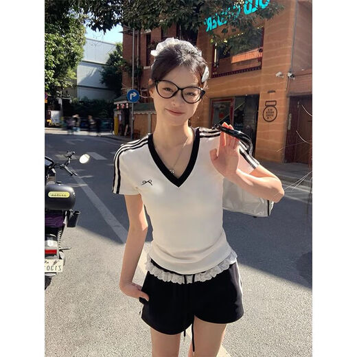 Camiseta de algodón de algodón de algodón de algodón corto de cuello en V caliente americano para mujeres en el estilo deportivo de verano delgado contrastante de contraste para mujeres 1047 Black amarillo M [sugerido 90-100 Jin [Jin iguala 0.5 kg]]]