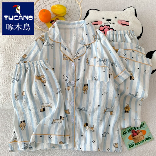 Woodpecker 2025 new pure cotton gauze pajamas for women in summer short-sleeved three-piece set cute style striped dachshund dog home clothes Yunduo Cotton-J9901# Paradise Puppy Three-piece Set M [Suggestion 75-100Jin[Jin equals 0.5 kg]]