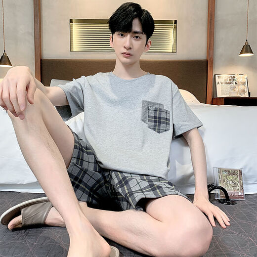 北极绒（Bejirog）夏季男士睡衣棉质加肥加大码男夏家居服短袖夏天青年韩版薄款半袖 9922【H系列男短袖短裤套装】 L  【推荐100-125斤】