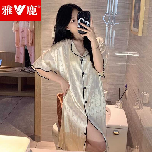 雅鹿高档网红睡裙女夏季薄款冰丝短袖衬衫女士睡衣凉感仿真丝绸家居服 CWS-9901# L 【95-120斤】