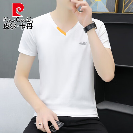 Pier Cardin summer new men's cotton V-neck half-sleeved T-shirt trendy casual letter printing chicken heart collar short-sleeved T-shirt dark gray QY692 M 90-100Jin [Jin equals 0.5 kg]