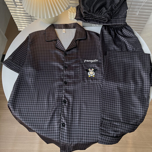 Conjunto de 3 piezas de pijamas de pijama para hombres seda seda pantalones cortos de manga corta 2025 Nuevo caricatura adolescente delgada ropa para el hogar kad-13553 set de 3 piezas para hombres l l