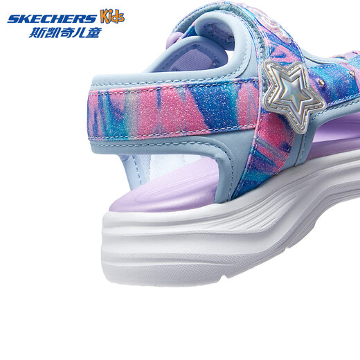 Skechers new summer girls' Velcro sandals, fashionable flashing light, casual, lightweight, versatile and comfortable shoes, beach shoes, light blue/multi-color/LBMT 33.5