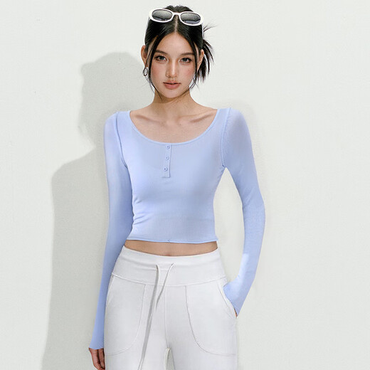LULULMCCTN long-sleeved yoga top women's Pilates professional training tight slimming running sports fitness T-shirt blue linen L