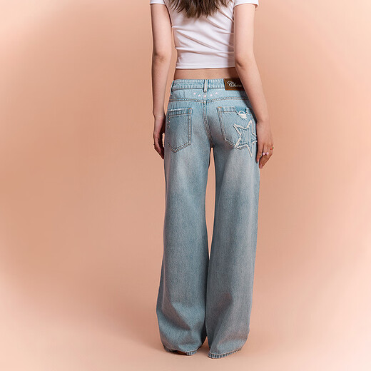 CHUU字母阔腿牛仔裤女2025年夏季新品星星磨破毛边磨白直筒长裤子 浅牛仔蓝 26
