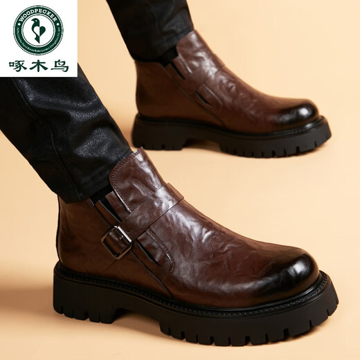 Woodpeckers neue Martin -Stiefel Männer echtes Leder dicker alleinerer britischer Stil Low -Top Chelsea Short Stiefel Lederstiefel Retro High Top Leder Schuhe Schwarz regulär 40 (150 mm)