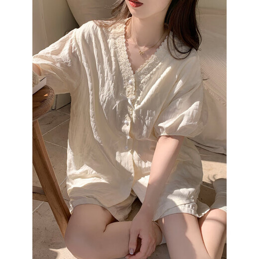 Calculat/Keen (Calculat/Keen) CK2025 Nuevo estilo con almohadilla de cofre Color sólido pijama de manga corta para mujeres en verano set dulce y sencillo cárdigan para el hogar Juego de ropa para el hogar 9225fe de color sólido rosa [almohadilla de cofre fija] l
