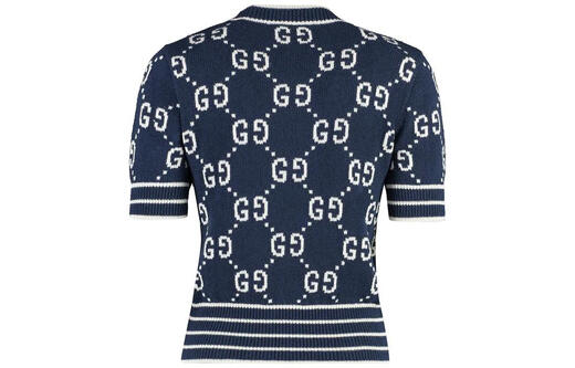 古驰（GUCCI）提花圆领套头短袖毛衣上衣 女款 蓝色 蓝色 XS