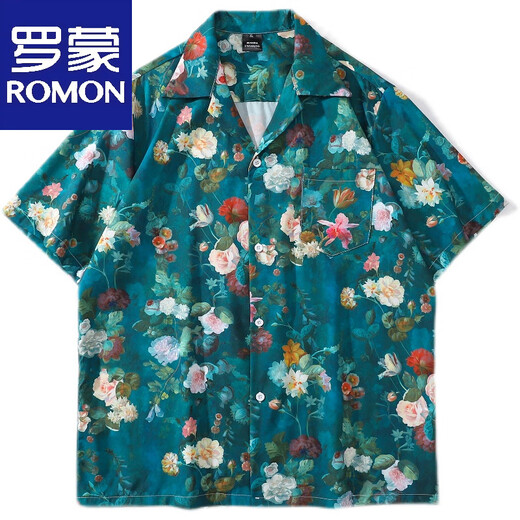 Lomongo vintge Cuban collar floral shirt men and women loose Hong Kong flavor Hawaiian couple beach short-sleeved shirt x695 2XL
