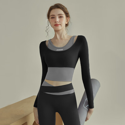 Bright dip running fitness sports T-shirt short tight fixed chest pad Pilates fake two-piece top long-sleeved yoga wear for women Star Black M