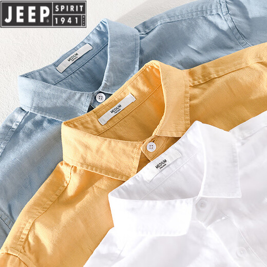 JEEP SPIRIT男士亚麻翻领短袖T恤宽松衬衫领上衣服有带领T棉麻料T恤麻布夏装 9711黄色 3XL