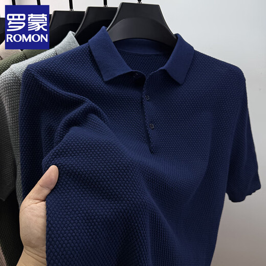 ROMON pineapple stitch knitted short-sleeved T-shirt men's lapel summer 100% cotton polo men's half-sleeved solid color clothes gray XL