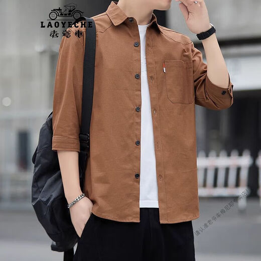 老爷车（LAOYECHE）男士2025夏季七分袖纯棉衬衫翻领港风时尚百搭帅气上衣服 Q6626【灰色】 M 90-110斤