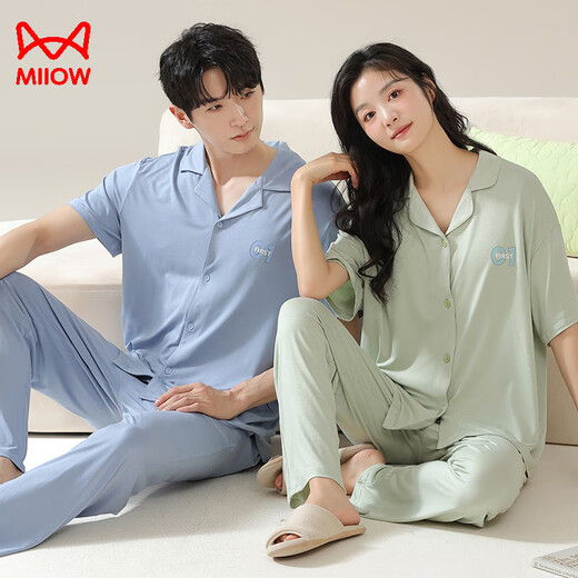 Katzenpaar-Pyjama für Frauen im sommerlichen dünnen Stil mit Brustpolstern Kurzärärmelhosen zweiteilige Set für Männer-Eisseide-Heimkleidung NSN12108 L