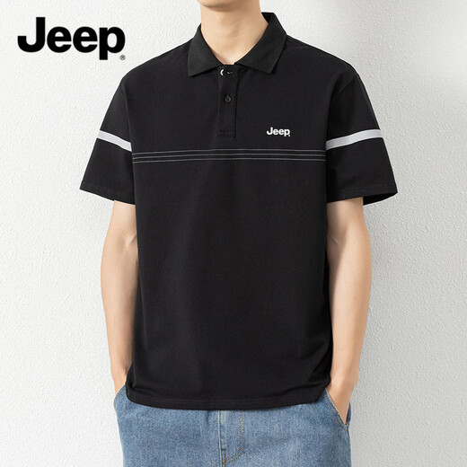 JEEP吉普短袖t恤男士polo衫夏季冰丝薄款宽松翻领体恤休闲上衣服J 7036黑色 M