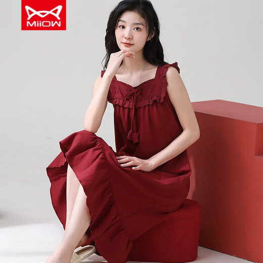 
Cat Man MIIOW nightgown Women's summer pure cotton thin sleeveless suspender pajamas suit wedding festive natal D9906 M