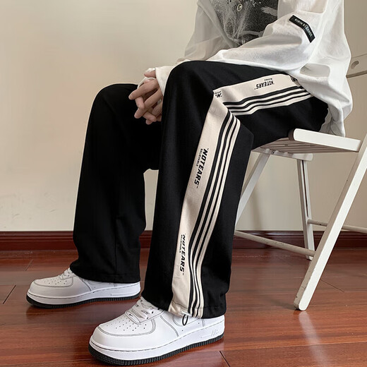 Foss Phil pants men's spring and autumn casual pants trendy striped loose sports straight trousers for men and teenagers ZX-K301 black 2XL (150Jin Jin is equal to 0.5kg -165Jin Jin is equal to 0.5kg)
