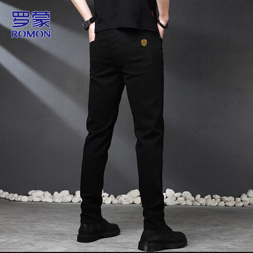 ROMON Jeans Men's Autumn and Winter Business Casual Straight Pants Men's Stretch Slim Pants Black 33
