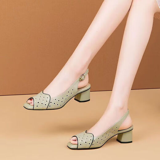 Rote Libelle Brand Sandalen für Frauen Mode weiche Leder hohl Frauen Schuhe Neues Modell für leere und immer passende dicke Fischfisch-Mundschuhe Sommer Mutter Schuhe Grün [Limited Counter Style] 39
