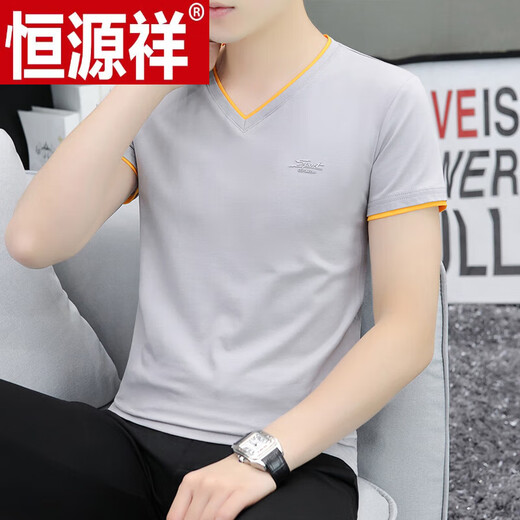 恒源祥夏季精品印花100%纯棉短袖Tt恤男潮牌V领简约打底衫 透气I白色 691款 M 85-100斤