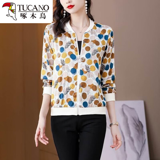 
Woodpecker beautiful top mother suit spring and summer chiffon sunscreen clothes for women with fashionable polka dot printed zipper cardigan baseball uniform 8043 colors 4XL
