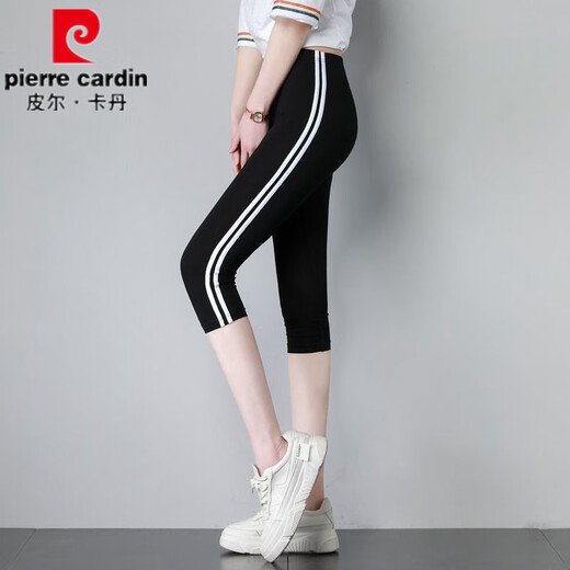 皮尔卡丹杠条纹运动七分裤女大码胖MM夏季薄款健身瑜伽外穿高腰弹力打底裤 6622条纹七分裤-军绿 XL (140-160斤)