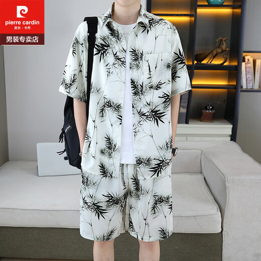 皮尔卡丹（pierre cardin）痞帅衬衣一套男夏季冰丝套装高级感花衬衫短袖短裤沙滩两件套搭配 679白色套装 M 110斤以内