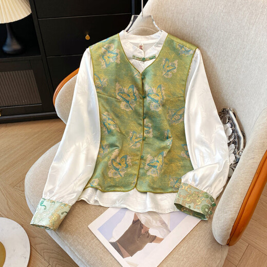 LISCN2025 Sommer Neuer Retro neuer chinesischer Stil verbesserte Jacquard Satin V-Ausschnitt Strickjacken Top für Frauen 9864 Grüne Schmetterlingsweste s