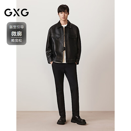 GXG男装  简约明线设计pu皮夹克男复古休闲夹克潮流外套24秋季 黑色 M