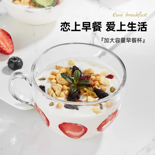 PINYU breakfast cup oatmeal cup large capacity milk cup thickened glass cup oatmeal bowl heat-resistant household 450ml cup lid + spoon