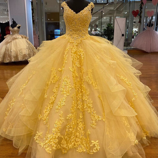 Colorful gauze evening dress European and American tutu skirt double shoulder V-neck off-shoulder princess dress yellow prom party dress picture color XS
