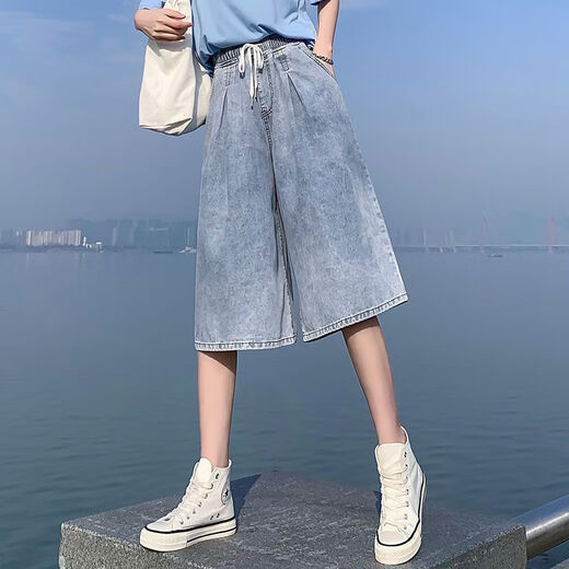 
SuoWANYI (SUOWANYI) denim mid-trousers seven-point over knee five-point loose tight high waist plus size women's fat mm [1585: light blue 5-point over knee (middle) pants] M