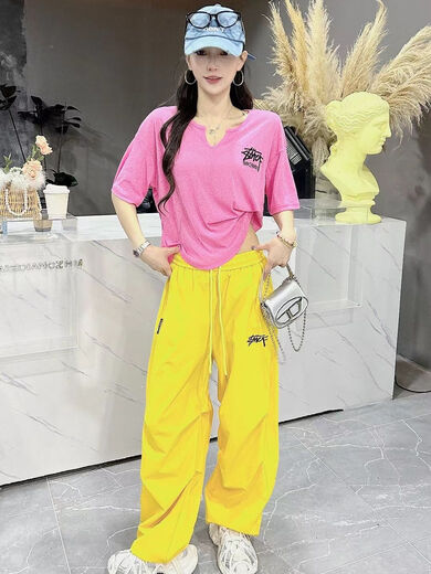 Nrdcz Top mit Arbeitshosen für Frauen 2025 Sommer Neuer Laufstadetanz-Sportanzug kurzärmelig T-Shirt Square Dance Team Uniform 3877 Gelb + 3878 Black Hosen S 80-100Jin [Jin gleich 0,5 kg]