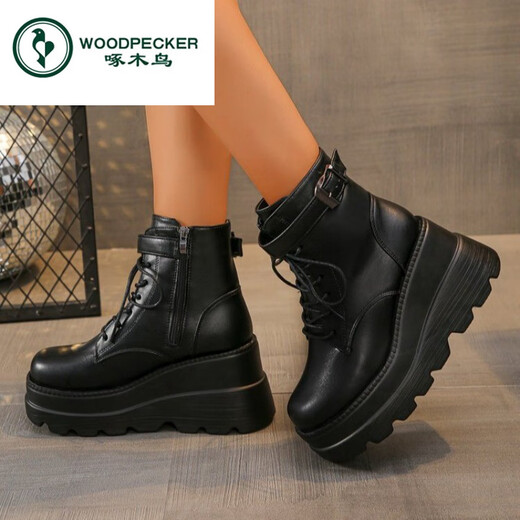 
Woodpecker plus size Martin boots 2025 autumn and winter new European and American square head side zipper wedge casual fashion boots black 38