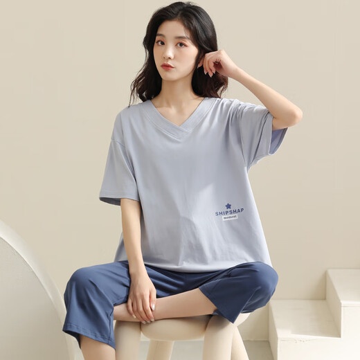 莫代尔睡衣女款夏季棉2025新款女士短袖七分裤套装夏款湛蓝家居服夏天 FJH:684蓝色英文五角星 套头短袖 M