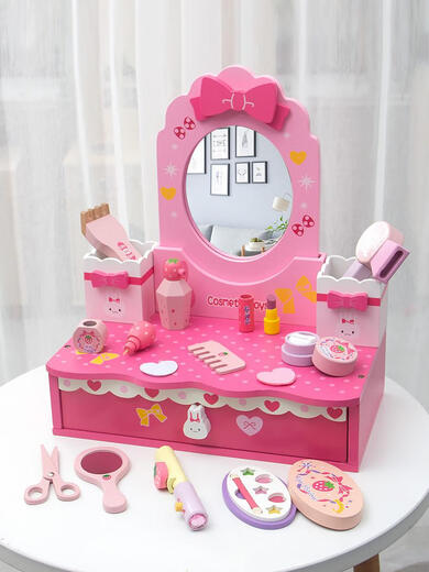 Wooden simulated children's dressing table house toy makeup table 3-4-5th birthday gift girl accessories box CU hair salon bag style