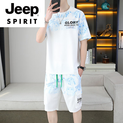JEEP SPIRIT2025夏季新款短袖套装男青年百搭短裤休闲运动两件套渐变色男装 6187蓝色 M