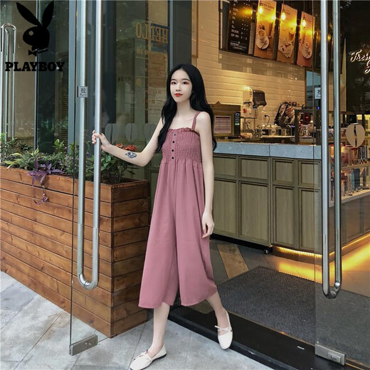 花花公子;PLAYBOY2025夏季韩版木耳边抹胸修身显瘦阔腿裤吊带连体裤女学生休闲裤子 黑色 S 建议70-85斤穿