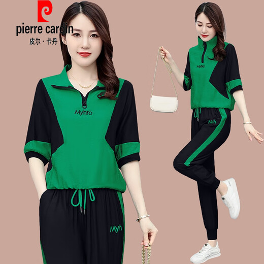 皮尔卡丹（pierre cardin）冰|丝休闲套装女士2025夏季新款宽松大版女装时尚减龄短袖运动服 (1389)黑色 M (建议100斤以下)