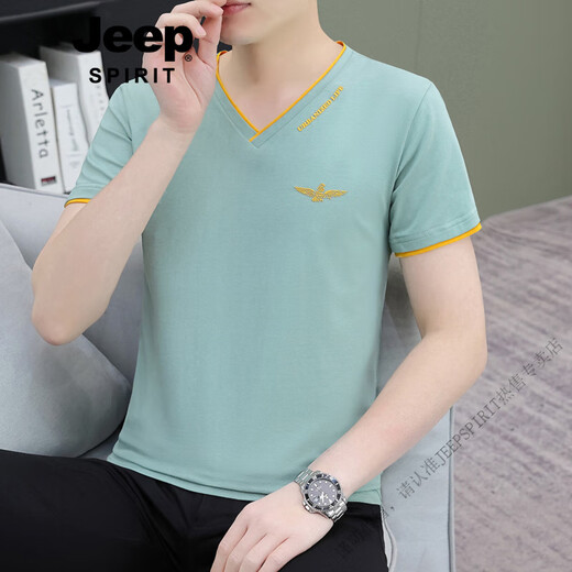 JEEP SPIRIT high quality thin white men's v-neck short-sleeved t-shirt base shirt youth top summer new pure cotton t-shirt black Q694 short sleeve M