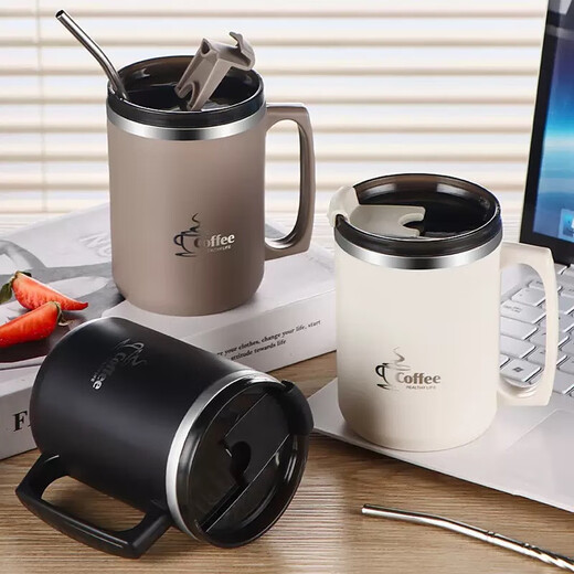 Procurement and sales recommendation 304 stainless steel mug with lid, anti-fall, household coffee cup, water cup, stainless steel straw, white, with stainless steel straw