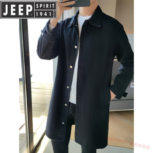 JEEP SPIRIT潮牌秋季男士中长款牛仔风衣男潮流韩版休闲宽松帅气大衣翻领外套 黑色 M 165(斤左右)